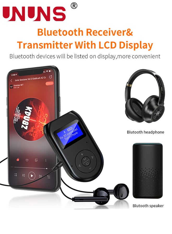 Bluetooth Transmitter Receiver,Low Latency 4-in-1 Bluetooth 5.0 Adapter With Display Screen,Wireless Aux Bluetooth Audio Adapter for Car/PC/TV/Speaker/Headphones/Home Stereo System