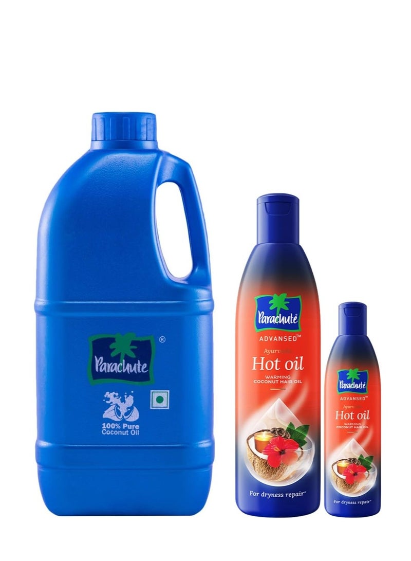 Parachute 100% Pure Coconut Oil 1L and Advansed Ayurvedic Hot Oil 400ml With 90ml
