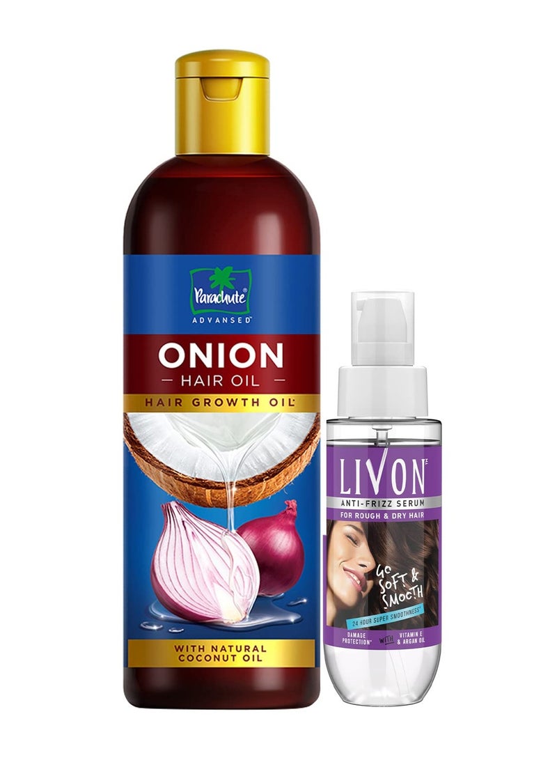 Parachute Advansed Onion Hair Oil 200ml and Livon Hair Serum 50ml Pack of 2