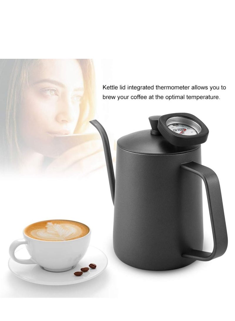 Stainless Steel Coffee Kettle,600ml Teflon Coating Gooseneck Spout Teapot,Drip Coffee Tea Kettle with Thermometer can Measure Water Milk Bread Temperature for Home Office