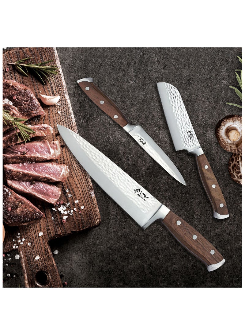 V A V PREMIUM 3-Piece Knives Set. Set includes: 8-inch Chef, 5-inch Santoku & Utility Knives. Comfortable Walnut Wood Handle and Professional Hammered Stainless Steel with Long-Lasting Sharpness.