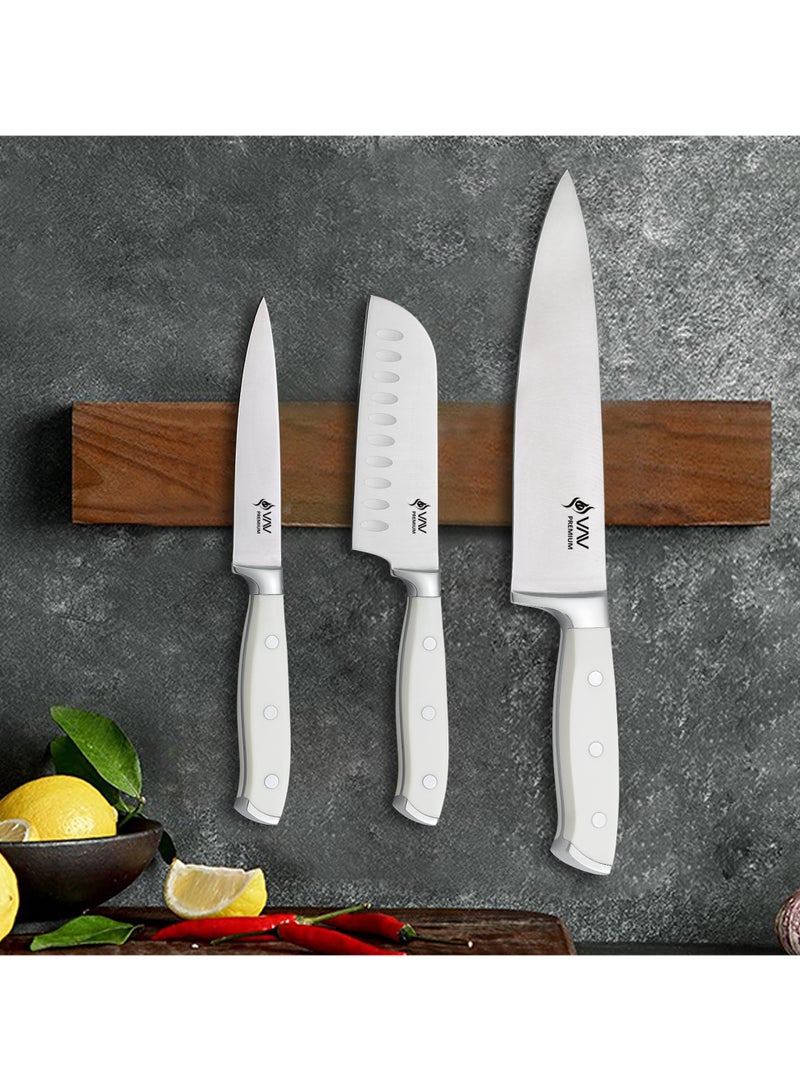 V A V PREMIUM 3-Piece Knives Set. Set includes: 8-inch Chef, 5-inch Santoku & Utility Knives. Comfortable White Handle and Professional Stainless Steel with Long-Lasting Sharpness.
