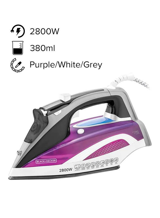 2800W Digital Steam Iron, LCD Display, Anodized Soleplate, Vertical Steam, Anti-Drip, Anti-Calc, Auto Shutoff, Self Clean,2.5M Power Cord 380 ml 2800 W X2250-B5 Purple/White/Grey