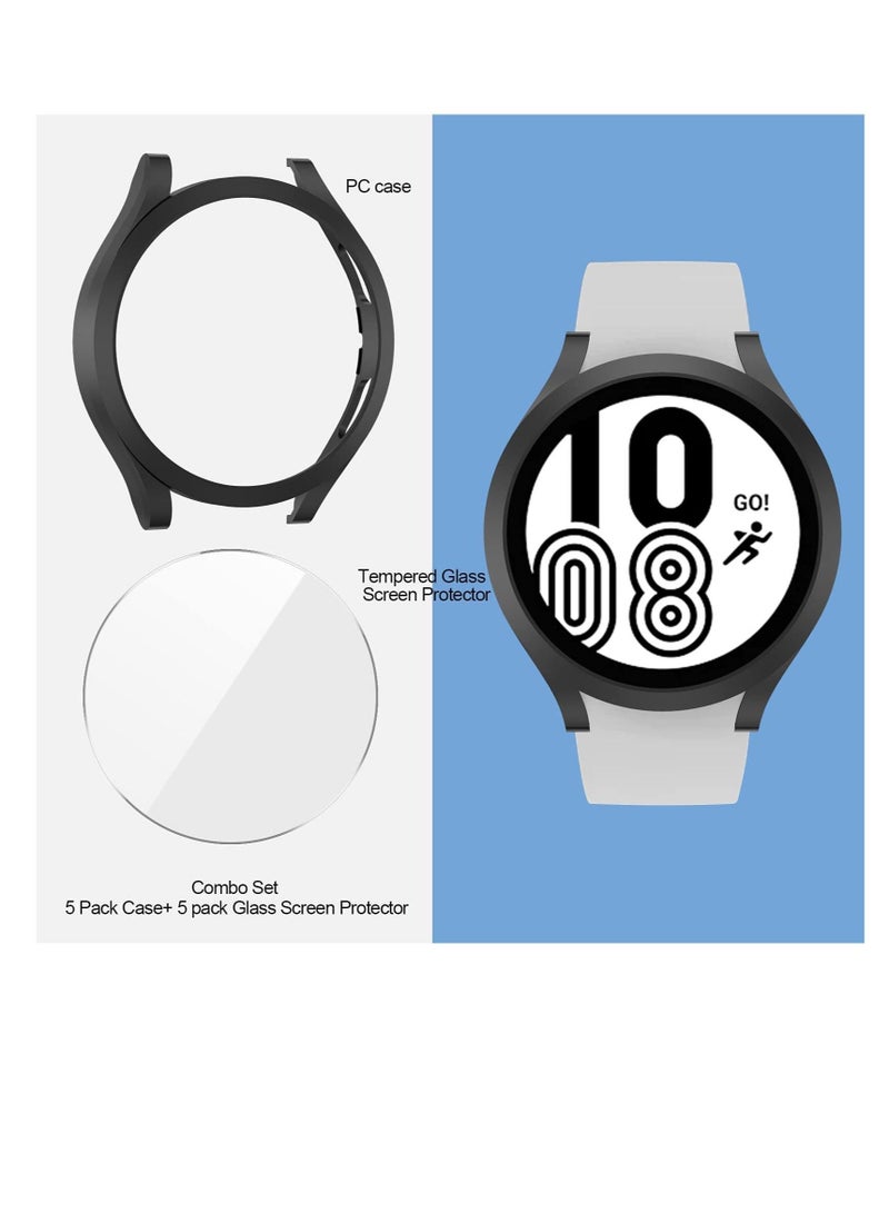 【5+5 Pack】 Compatible for Samsung Galaxy Watch 4 44mm Screen Protector Case,Matte PC Bumper Cover+5 Tempered Glass Screen Protector Films for Galaxy Watch4 Accessories