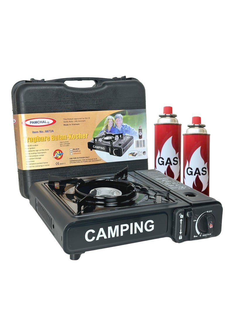 Camping Stove with Box and 2-Pieces Butane Gas Cartridge Black