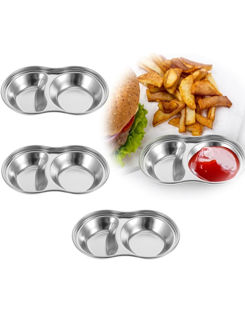 Appetizer Plates Stainless Steel Seasoning Bowl Metal Dipping Bowl Side Dishes 2 Grids Divided Korean Sauce Dish Appetizer Plate Snack Bowl Dish Plate Kitchen Gadgets Korean Grill 4pcs