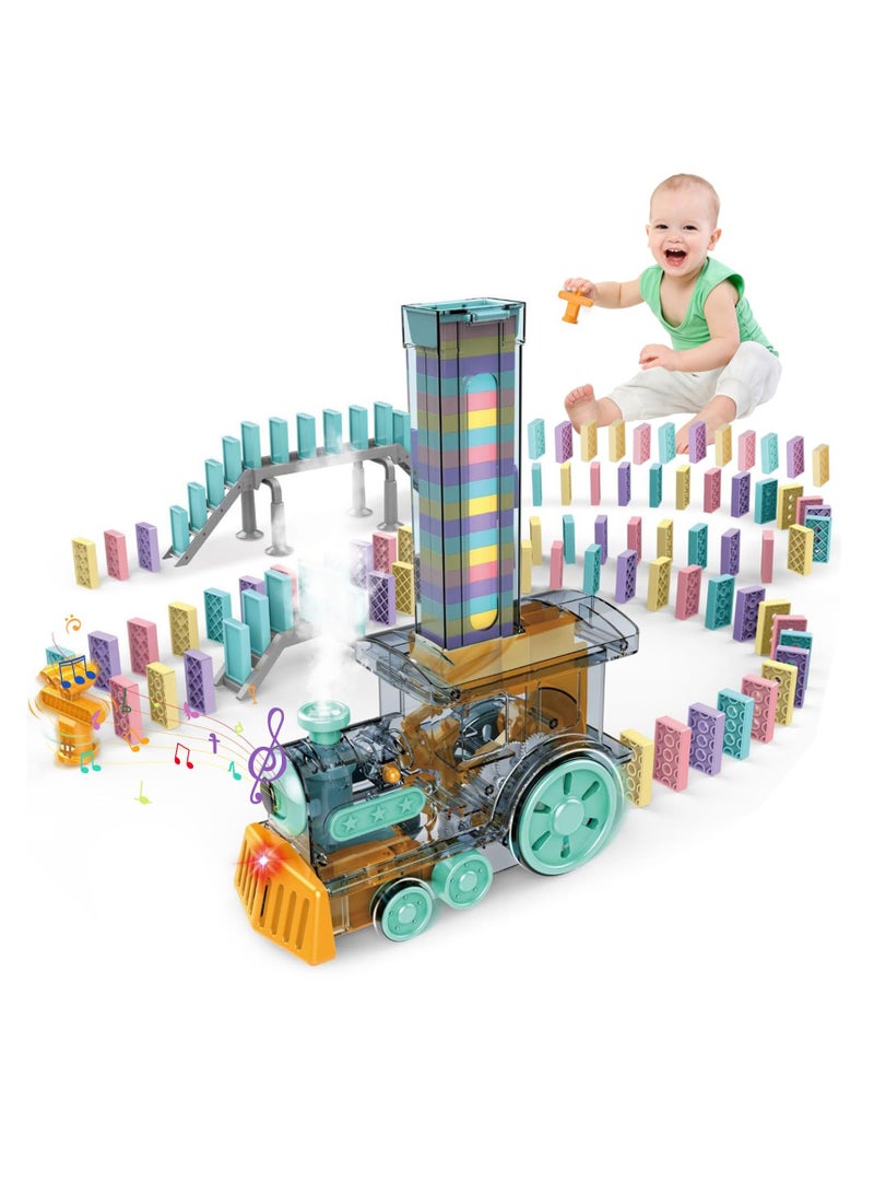 Domino Train Toy Set, Domino Electric Train Model with Sounds and Light, Domino Blocks Building Stacking Toy, STEM Creative Gift for 3 4 5 6 7 Year Old Boys Girls