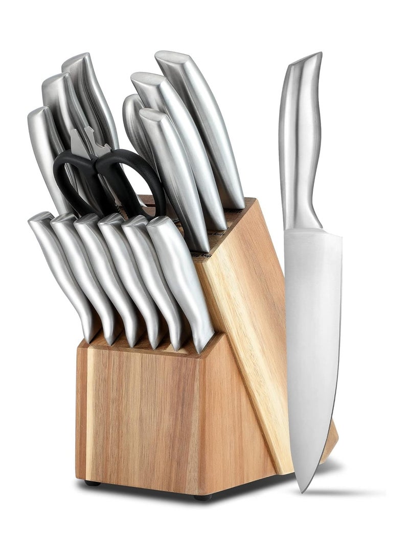 Knife Sets for Kitchen with Block, 15 Piece Kitchen Knife Set, Ultra Sharp Chef Knife Set for Kitchen, Dishwasher Safe, High Carbon Stainless Steel Knife Block Set with Sharpener, Silver