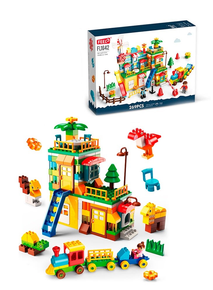Windmills Town with Train Building Set FL1642, 269 Big Blocks Gift Toy for Girls and Boys 3+ Years Old Who Love House and City Theme, Learning and Education Toy