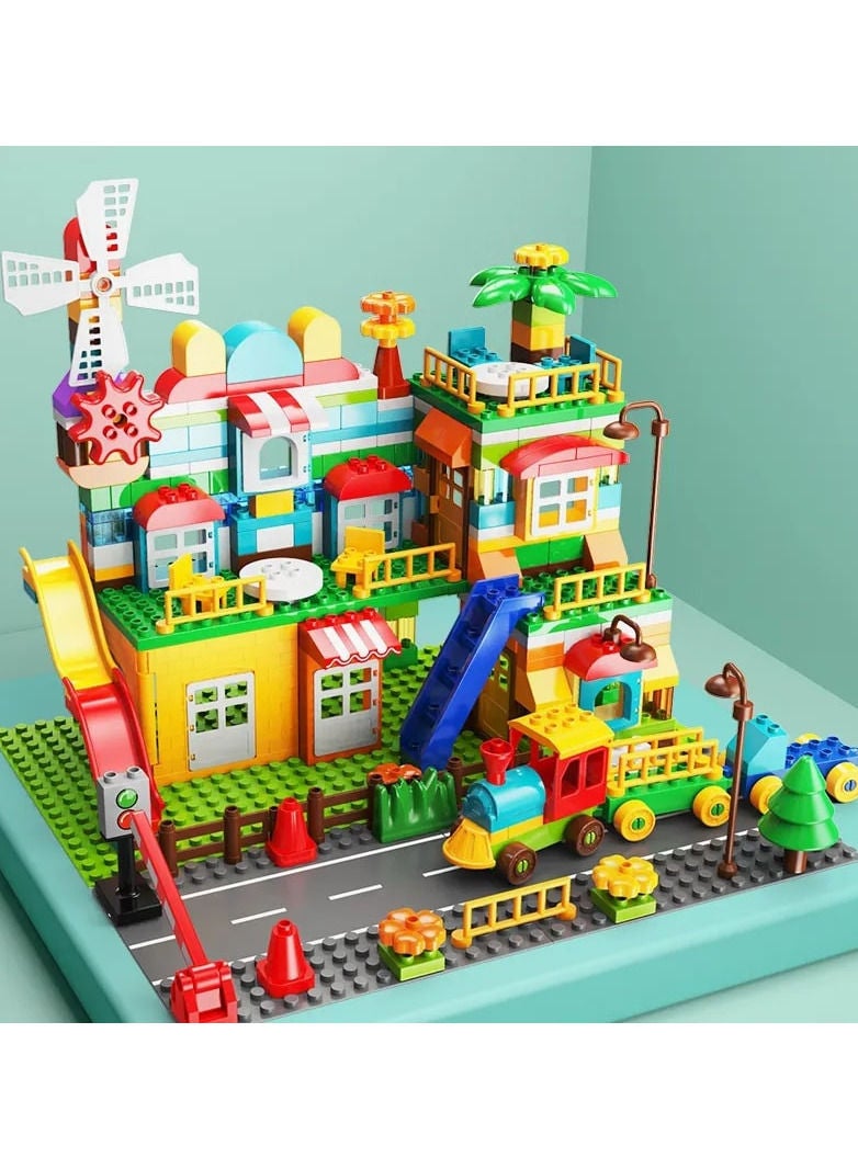 Windmills Town with Train Building Set FL1642, 269 Big Blocks Gift Toy for Girls and Boys 3+ Years Old Who Love House and City Theme, Learning and Education Toy