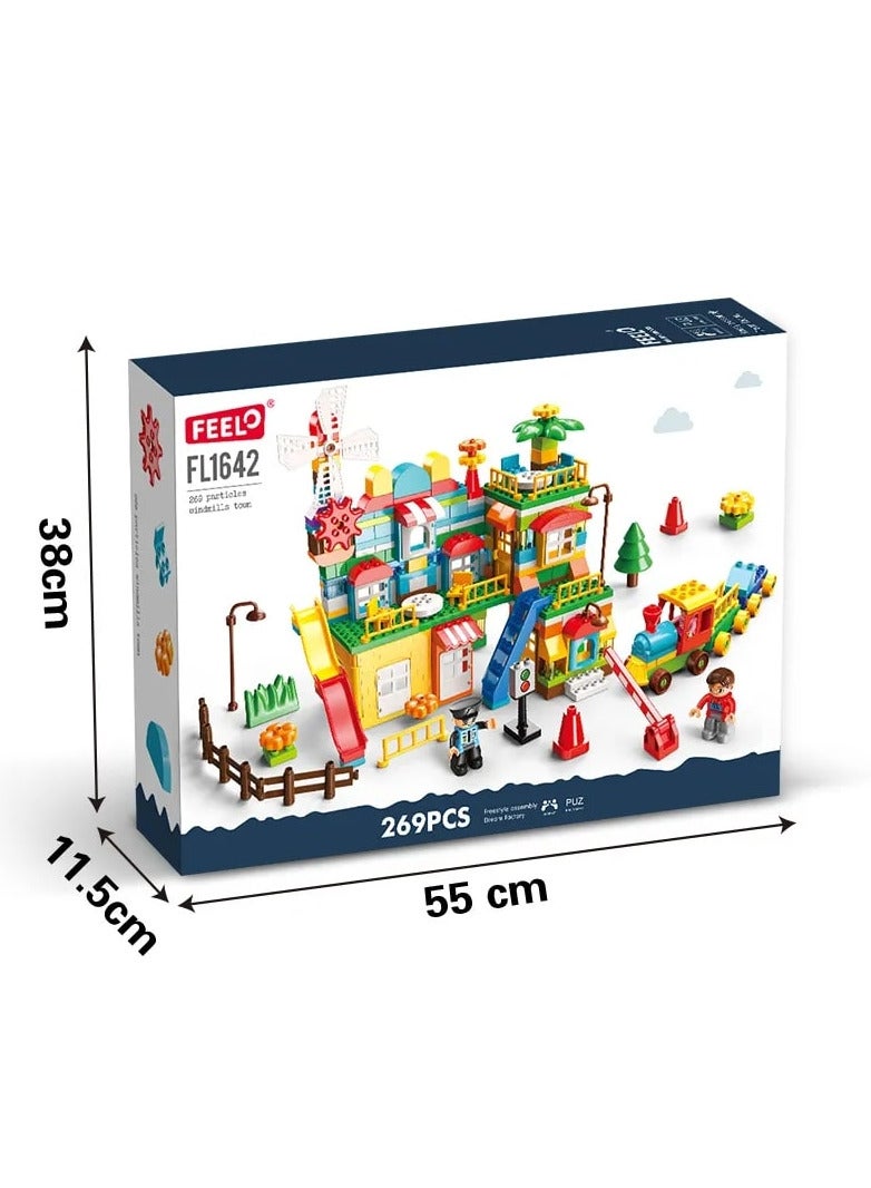 Windmills Town with Train Building Set FL1642, 269 Big Blocks Gift Toy for Girls and Boys 3+ Years Old Who Love House and City Theme, Learning and Education Toy