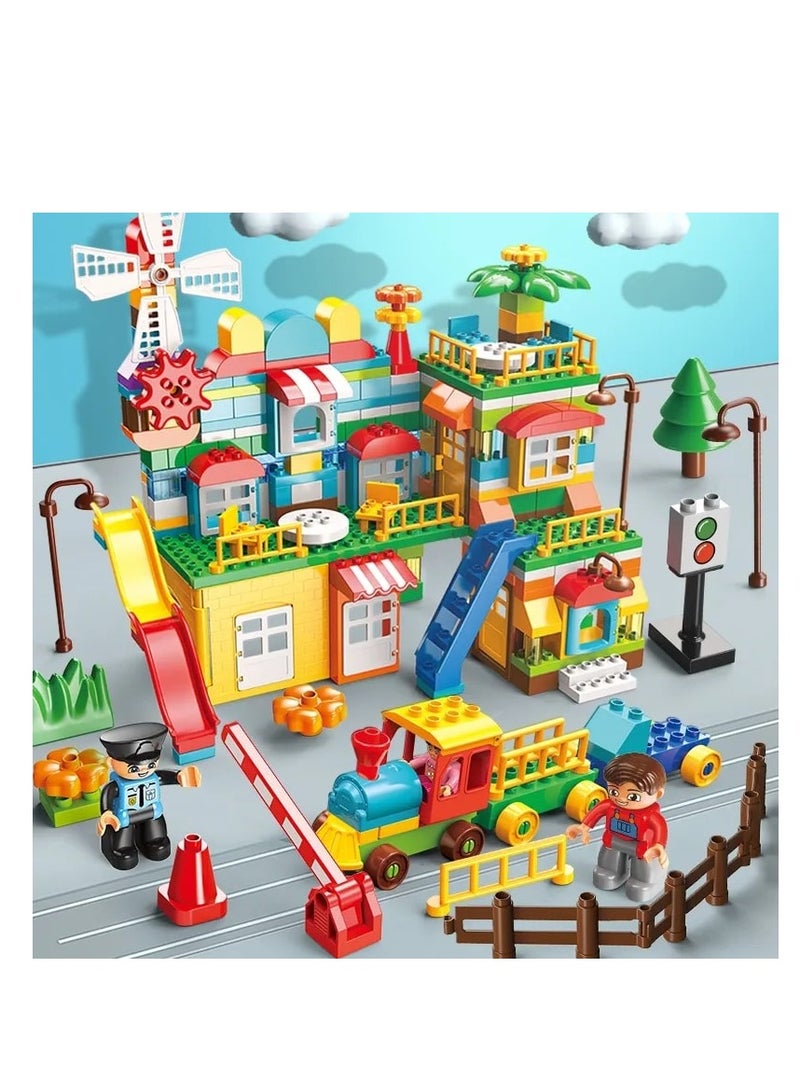 Windmills Town with Train Building Set FL1642, 269 Big Blocks Gift Toy for Girls and Boys 3+ Years Old Who Love House and City Theme, Learning and Education Toy