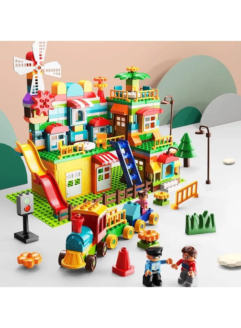 Windmills Town with Train Building Set FL1642, 269 Big Blocks Gift Toy for Girls and Boys 3+ Years Old Who Love House and City Theme, Learning and Education Toy