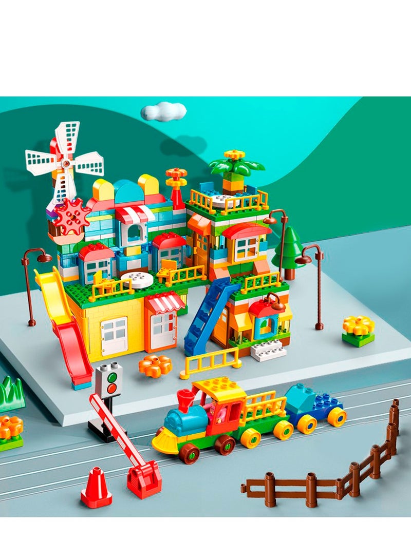 Windmills Town with Train Building Set FL1642, 269 Big Blocks Gift Toy for Girls and Boys 3+ Years Old Who Love House and City Theme, Learning and Education Toy