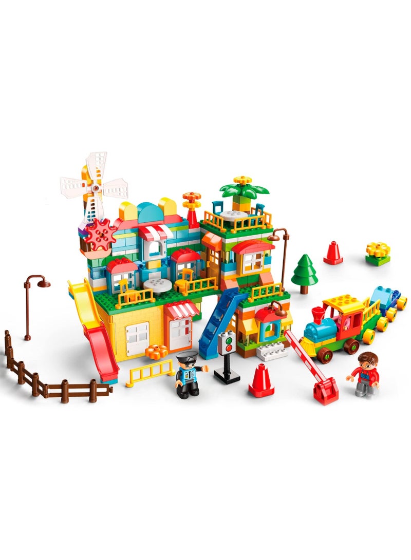 Windmills Town with Train Building Set FL1642, 269 Big Blocks Gift Toy for Girls and Boys 3+ Years Old Who Love House and City Theme, Learning and Education Toy