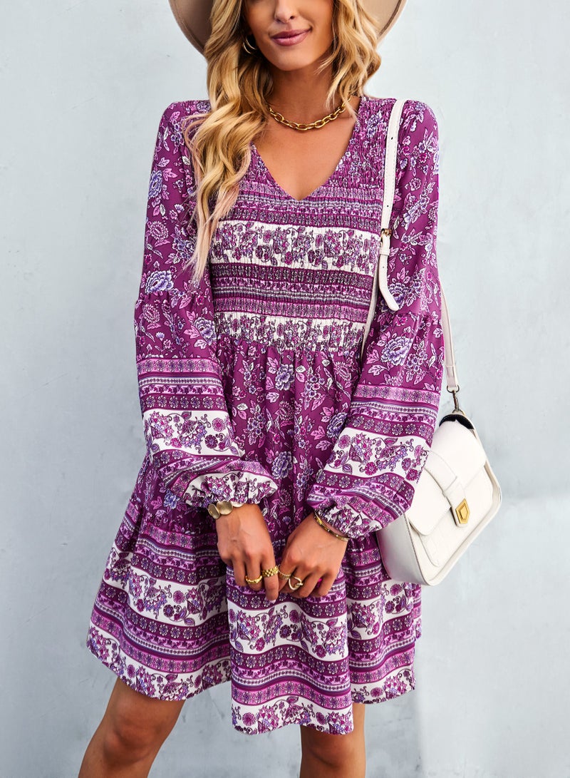 Squality Bohemian Fashion Dress Long Sleeve V-neck Skirt Purple