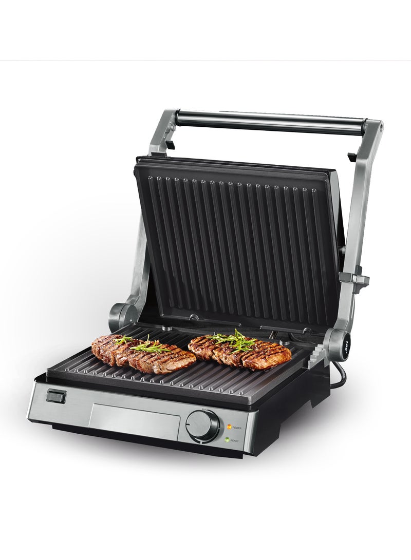 2000W Contact Grill, Indoor Grilling and Barbecue, Removable Plates (Adjustable Temperature, Nonstick Plates, 180° Mode, Removable Drip Tray)