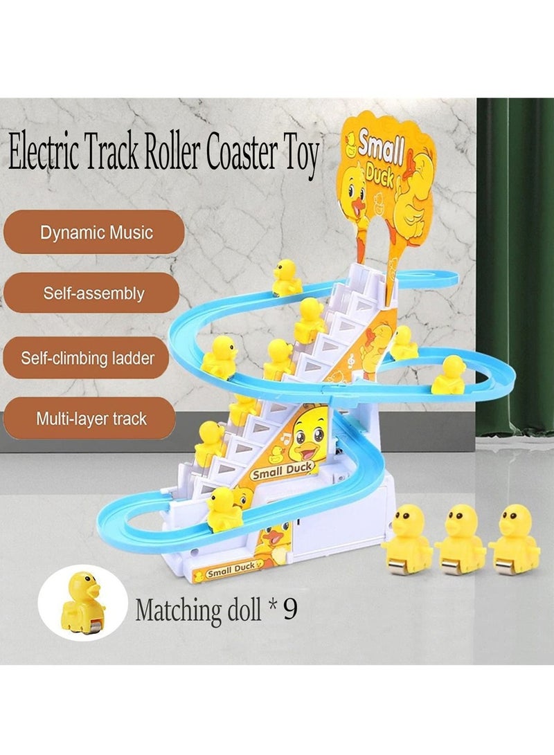 Electric Ducks Chasing Race Track Game Set, Small Ducks Climbing Toys with 9 LED Flashing Lights Music Button, Fun Duck Stair Climbing Toy for Toddlers and Kids, Playful Roller Coaster Toy