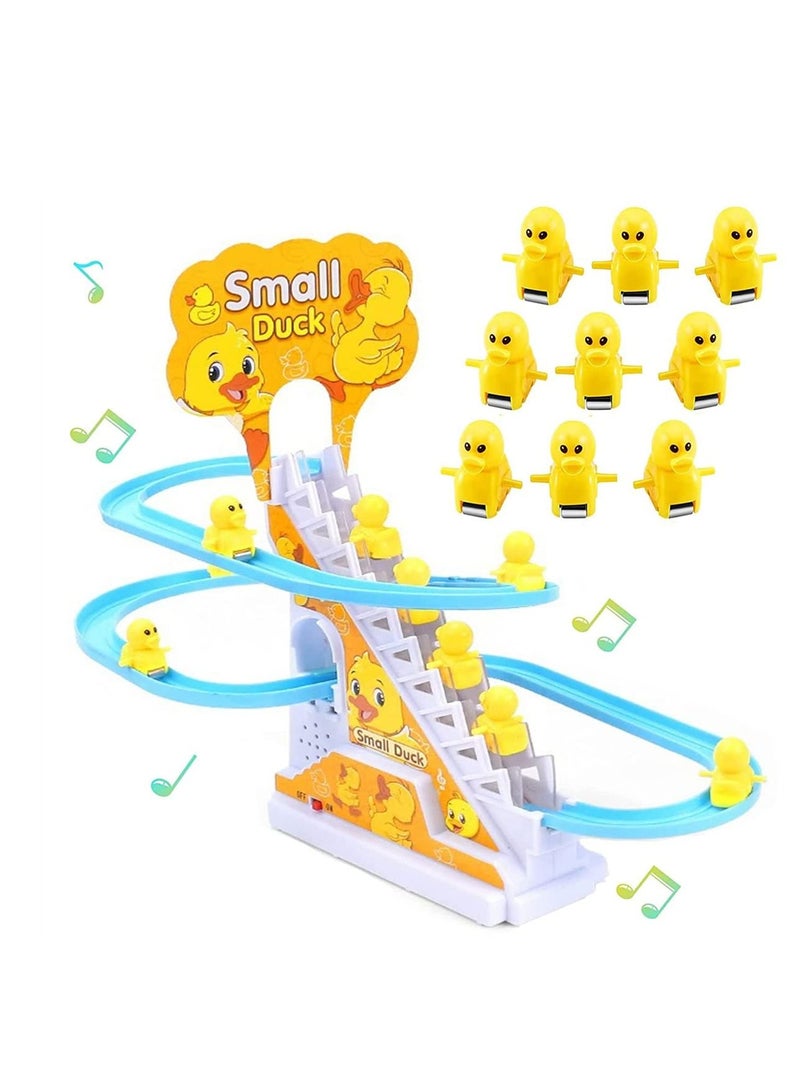 Electric Ducks Chasing Race Track Game Set, Small Ducks Climbing Toys with 9 LED Flashing Lights Music Button, Fun Duck Stair Climbing Toy for Toddlers and Kids, Playful Roller Coaster Toy