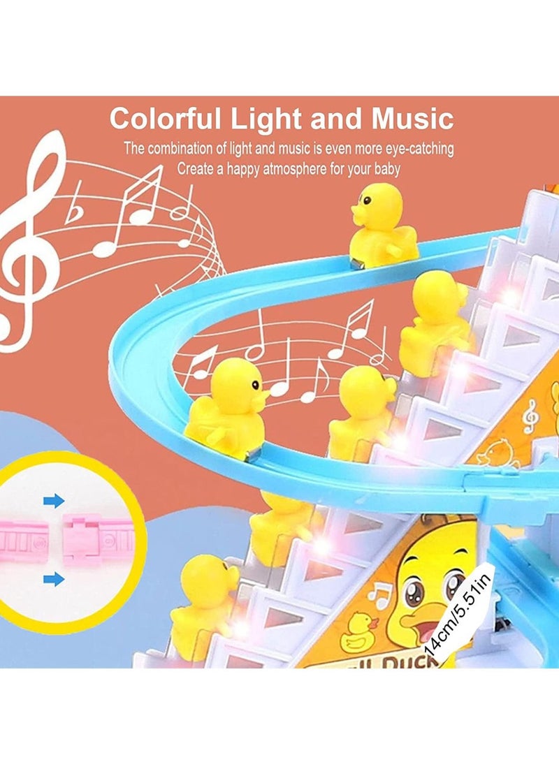 Electric Ducks Chasing Race Track Game Set, Small Ducks Climbing Toys with 9 LED Flashing Lights Music Button, Fun Duck Stair Climbing Toy for Toddlers and Kids, Playful Roller Coaster Toy