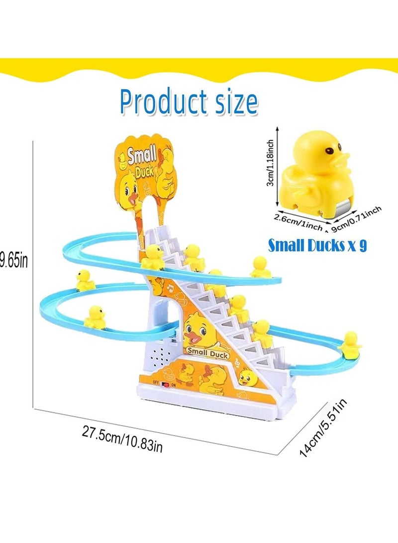 Electric Ducks Chasing Race Track Game Set, Small Ducks Climbing Toys with 9 LED Flashing Lights Music Button, Fun Duck Stair Climbing Toy for Toddlers and Kids, Playful Roller Coaster Toy