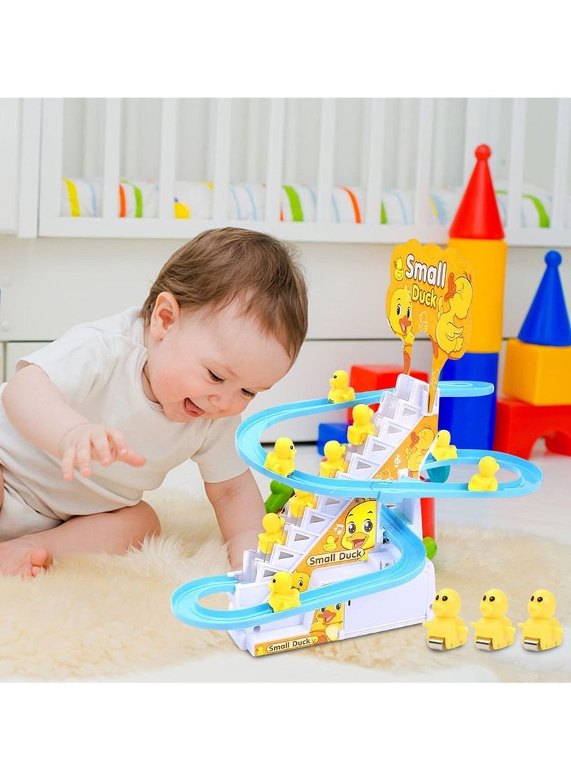 Electric Ducks Chasing Race Track Game Set, Small Ducks Climbing Toys with 9 LED Flashing Lights Music Button, Fun Duck Stair Climbing Toy for Toddlers and Kids, Playful Roller Coaster Toy