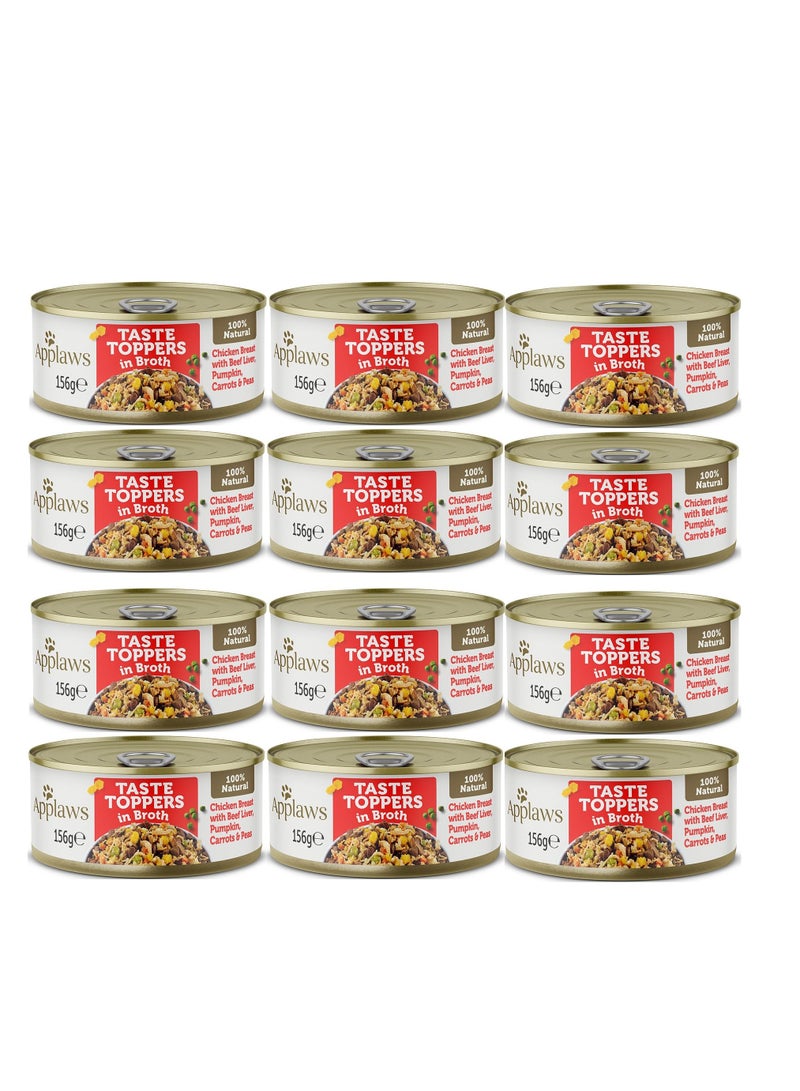 12Pc Taste Topper Broth Chicken With Beef Mix With Dry Food Dog Tin 156g