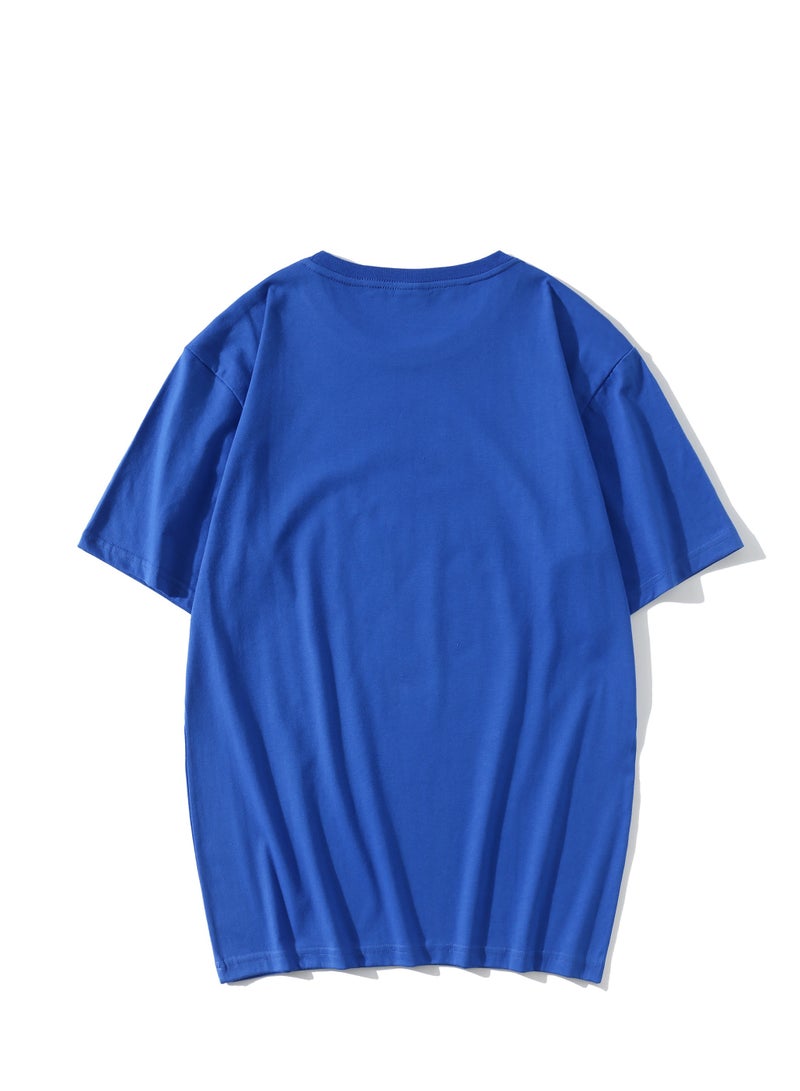 T-shirt Summer Cotton Short Sleeve Solid Color Blue