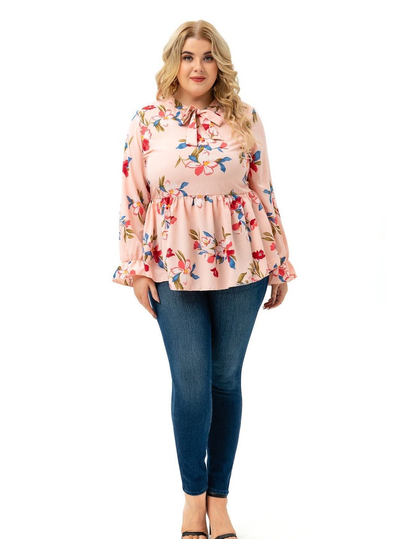 Autumn New Plus-size Women's Long-sleeved Printed Top Pink