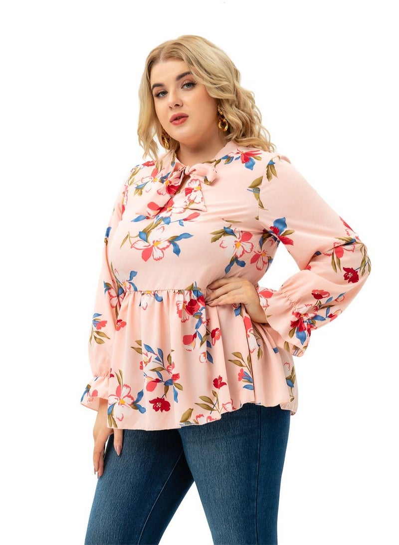 Autumn New Plus-size Women's Long-sleeved Printed Top Pink