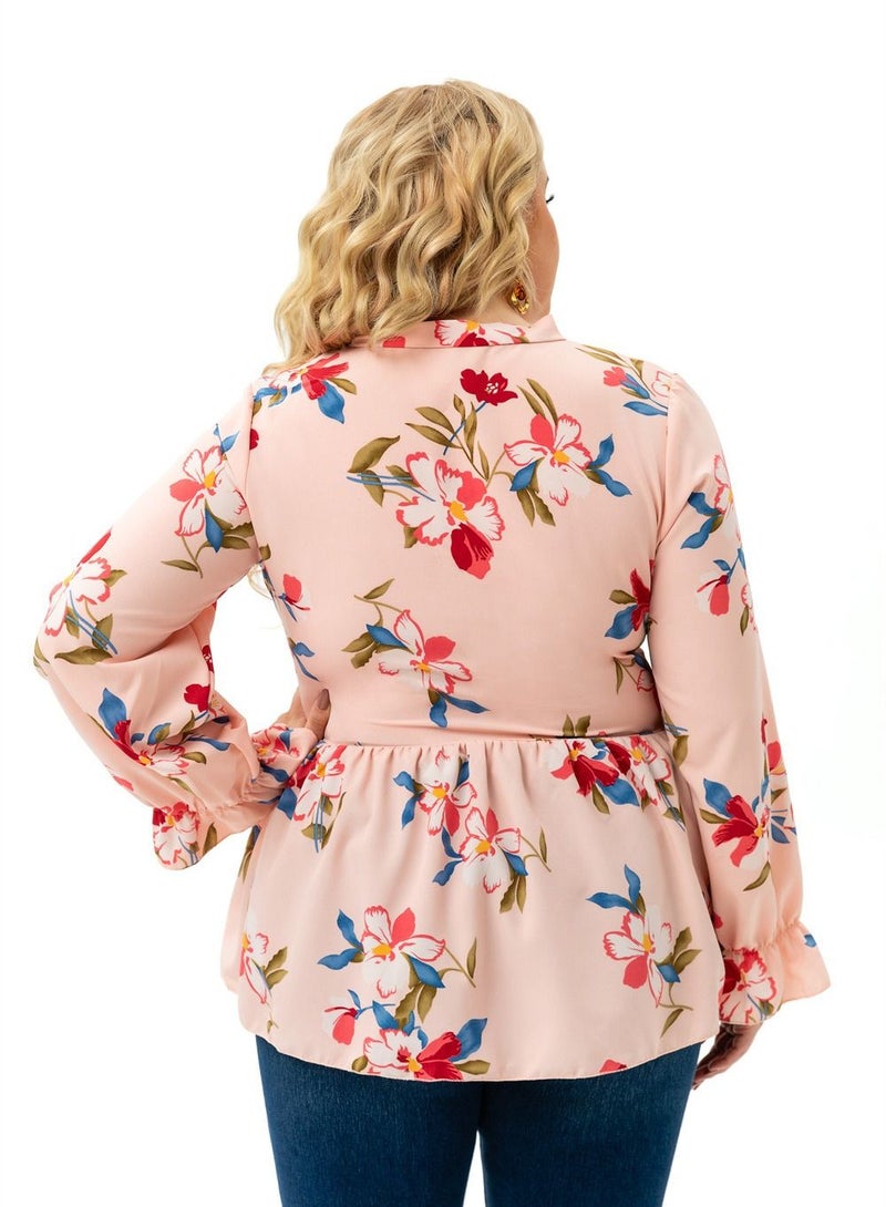 Autumn New Plus-size Women's Long-sleeved Printed Top Pink