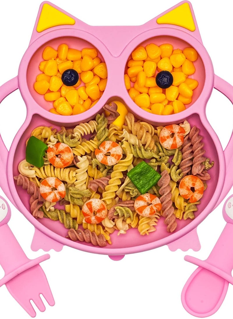 Suction Plate for Baby, Silicone Divided Plates with Suction, Toddler Baby Spoon Fork Plate Set, Perfect Baby Dishes with Kids Plates, Pink Owl Design