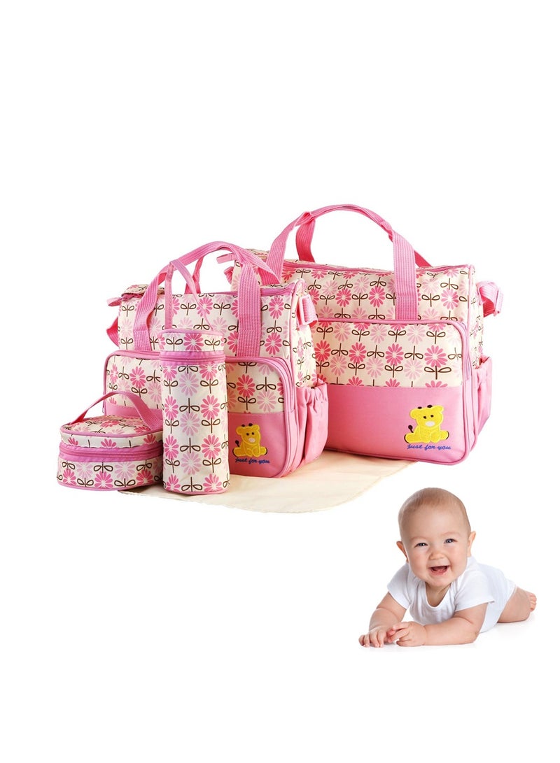 5-in-1 Set Multifunctional Baby Diaper Bag, Maternity Mummy Handbag, Changing Set Handbag, Portable Nappy Basket Storage Organiser, Maternity Baby Bag for Boys Girls (Pink)