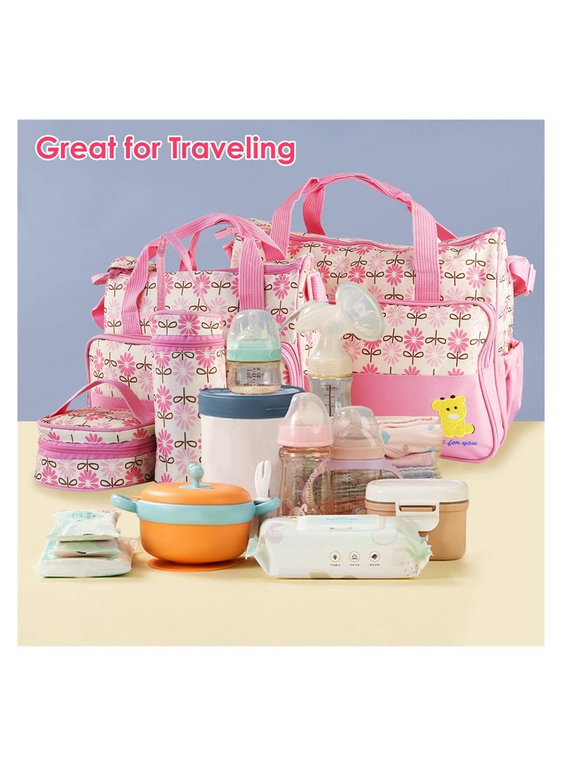 5-in-1 Set Multifunctional Baby Diaper Bag, Maternity Mummy Handbag, Changing Set Handbag, Portable Nappy Basket Storage Organiser, Maternity Baby Bag for Boys Girls (Pink)