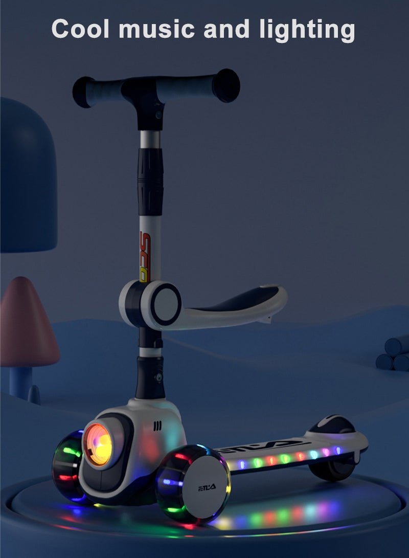 3-In-1 Children's Scooter Can Sit With Led Lights Flashing Wheel Adjustable Height Folding