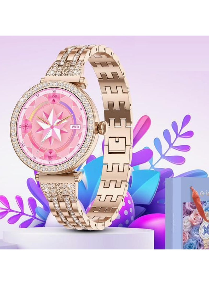 Gtab GT10 Diamond Edition Ladies Smart Watch 1.2 Inch Round Shape AMOLED Display With Fashion Bracelet 2  Pair Straps and Wireless Charger Gold