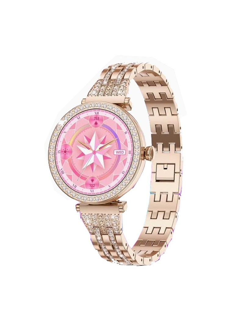 Gtab GT10 Diamond Edition Ladies Smart Watch 1.2 Inch Round Shape AMOLED Display With Fashion Bracelet 2  Pair Straps and Wireless Charger Gold