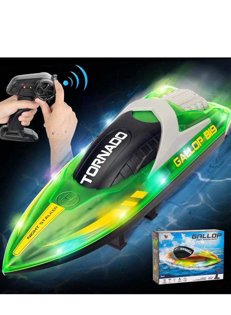 HJ819 RC Boat for Kids 8-16, 15+ MPH Fast Remote Control Boat with LED Lights, 2.4G RC Electric Boats Pool and Lakes Toys for Adults