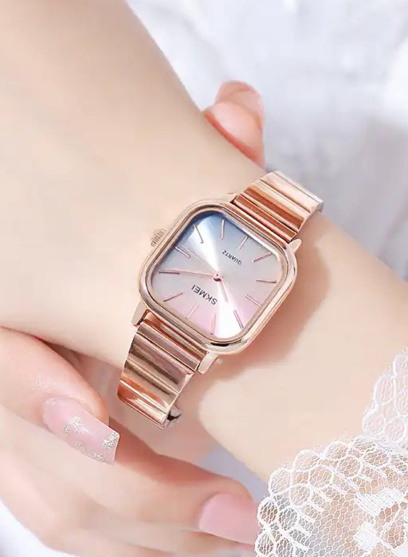 Women’s Square Case Quartz Rose Gold Stainless Steel Band Watch 2190