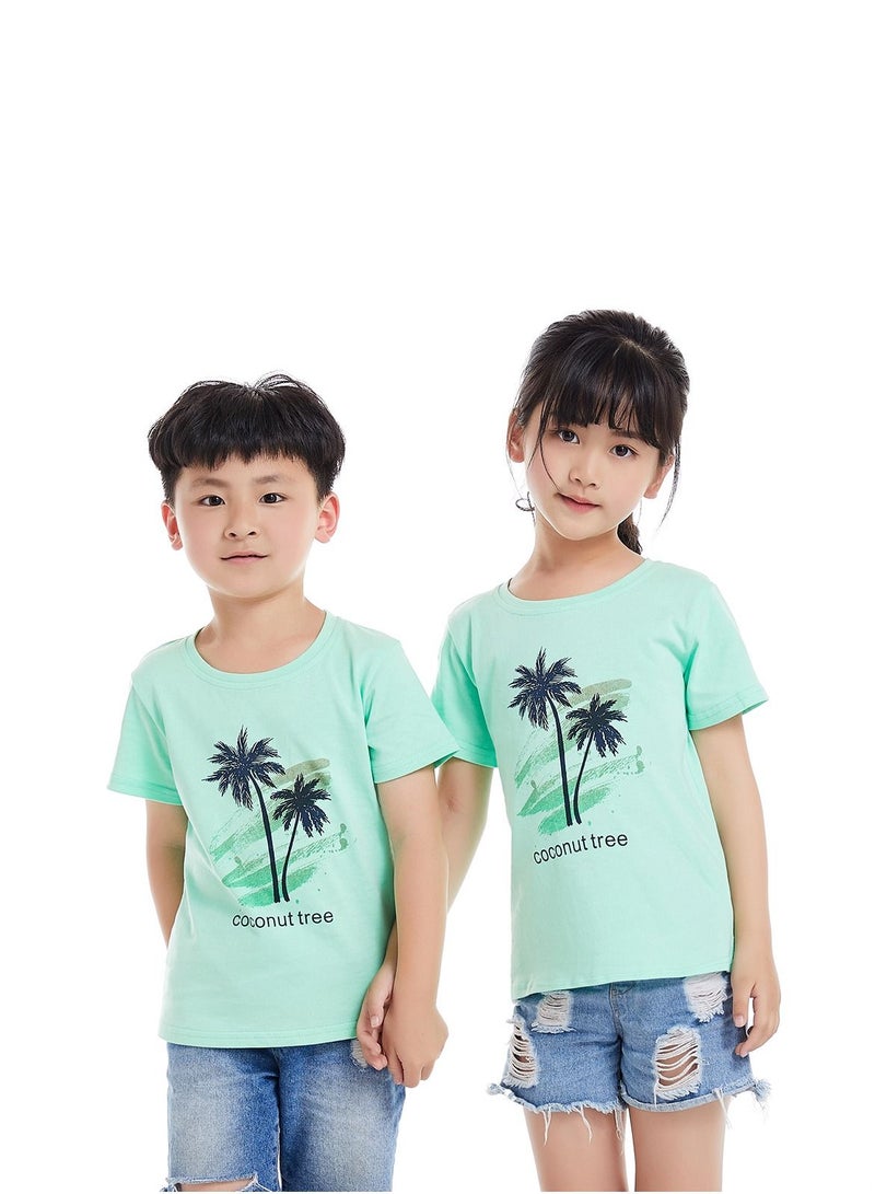 Unisex Family Couple Parent-Child clothing Coconut Tree Pattern T-shirt Green