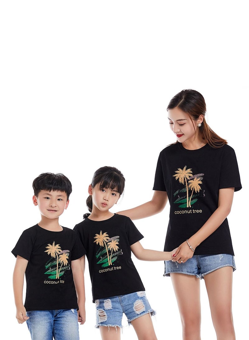 Unisex Family Couple Parent-Child clothing Coconut Tree Pattern T-shirt Black