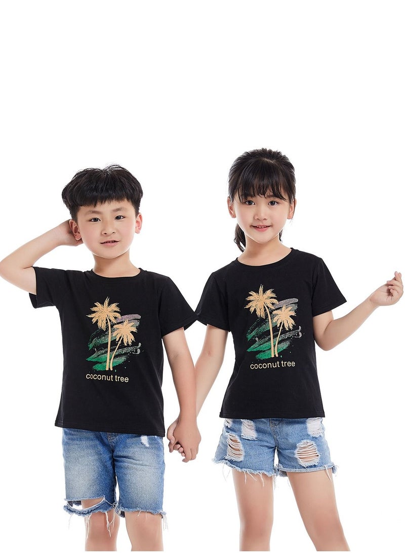 Unisex Family Couple Parent-Child clothing Coconut Tree Pattern T-shirt Black