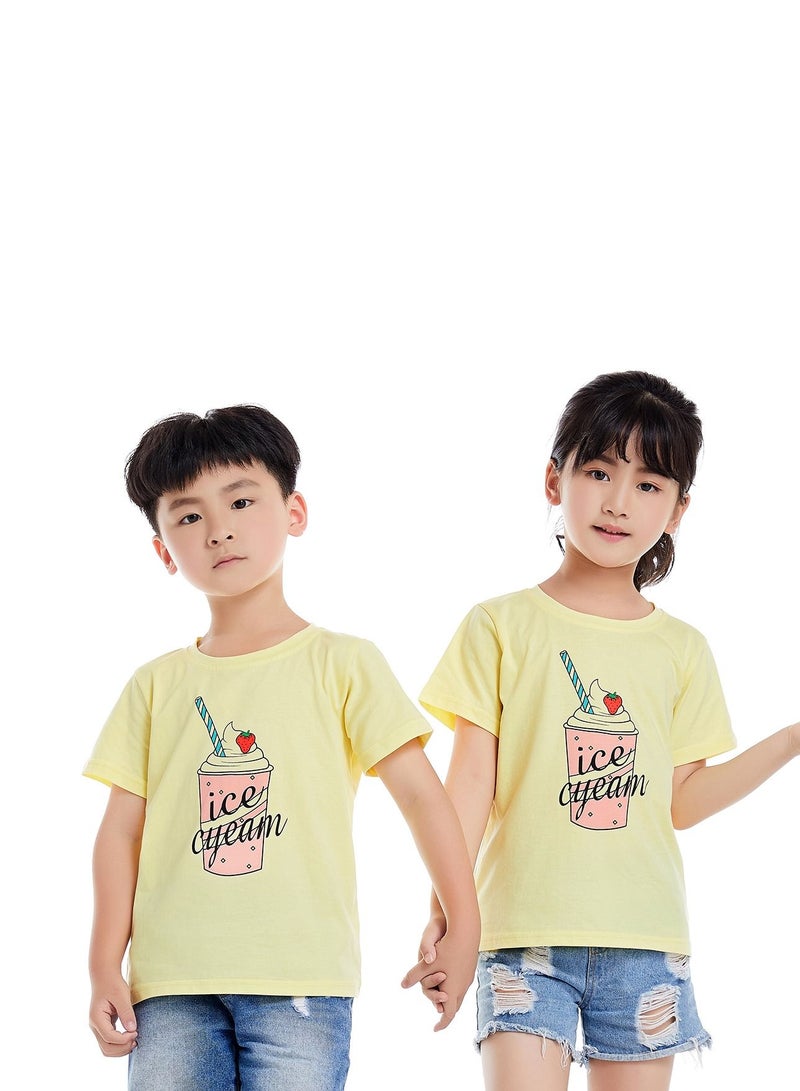 Unisex Family Couple Parent-Child clothing Ice Cream Pattern T-shirt Yellow