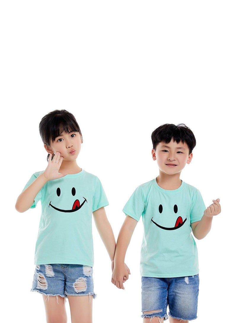Unisex Family Couple Parent-Child clothing Smiley Face Pattern T-shirt Light Green