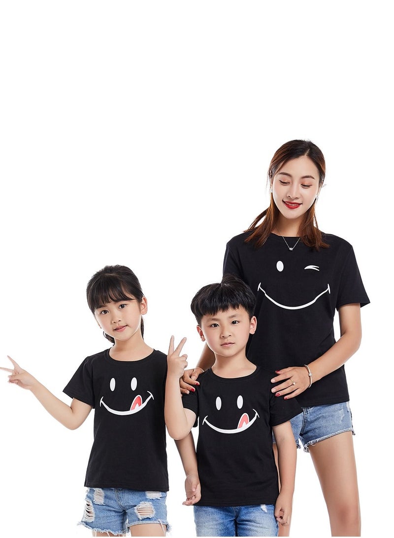 Unisex Family Couple Parent-Child clothing Smiley Face Pattern T-shirt Black