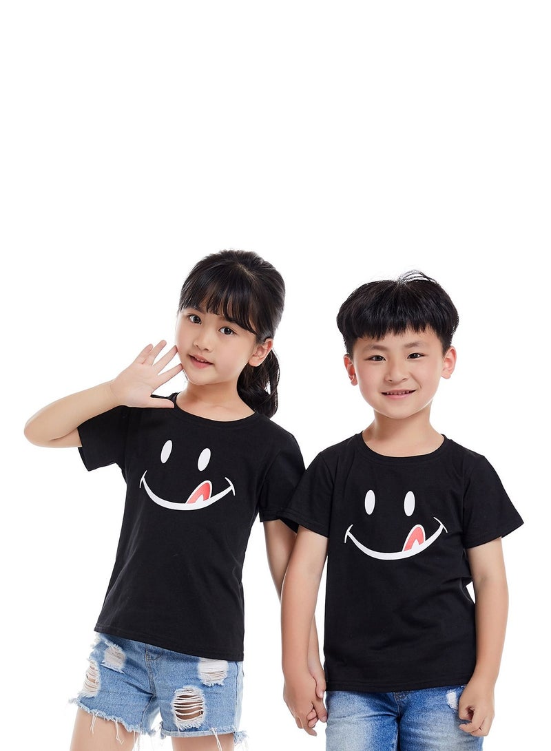 Unisex Family Couple Parent-Child clothing Smiley Face Pattern T-shirt Black