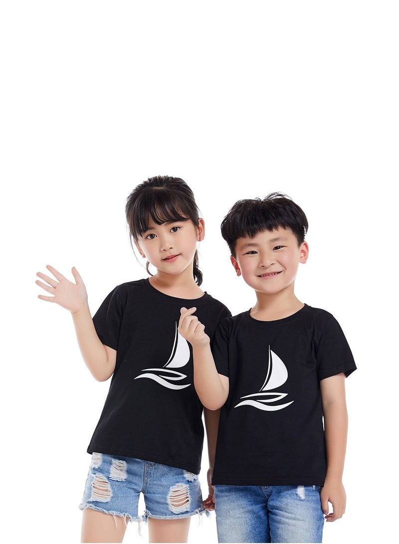 Unisex Family Couple Parent-Child clothing Sailboat Pattern T-shirt Black