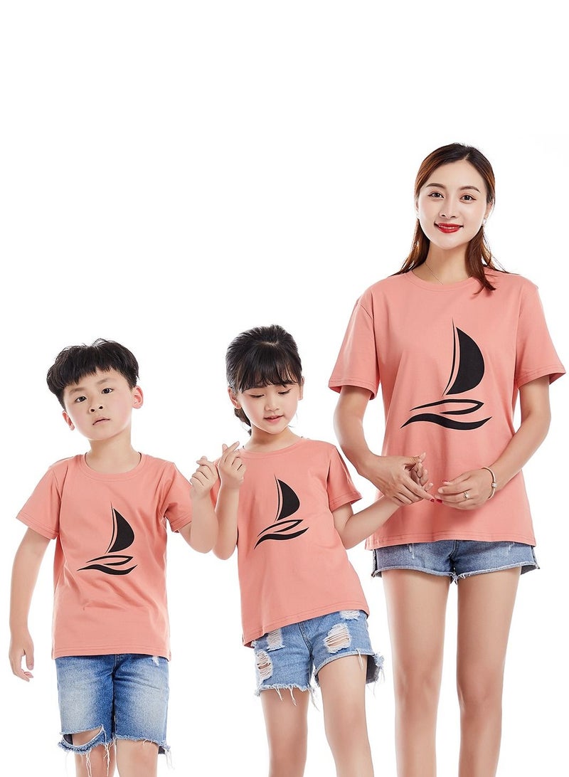 Unisex Family Couple Parent-Child clothing Sailboat Pattern T-shirt Orange