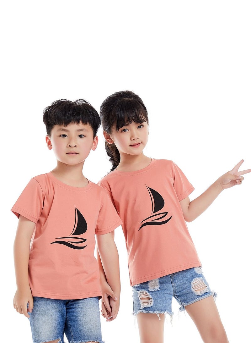 Unisex Family Couple Parent-Child clothing Sailboat Pattern T-shirt Orange