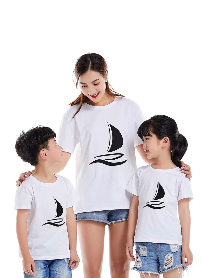 Unisex Family Couple Parent-Child clothing Sailboat Pattern T-shirt White